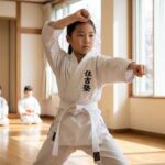 凛とした美しい姿勢で型稽古をする小学生女子（札幌・空手道住吉塾）