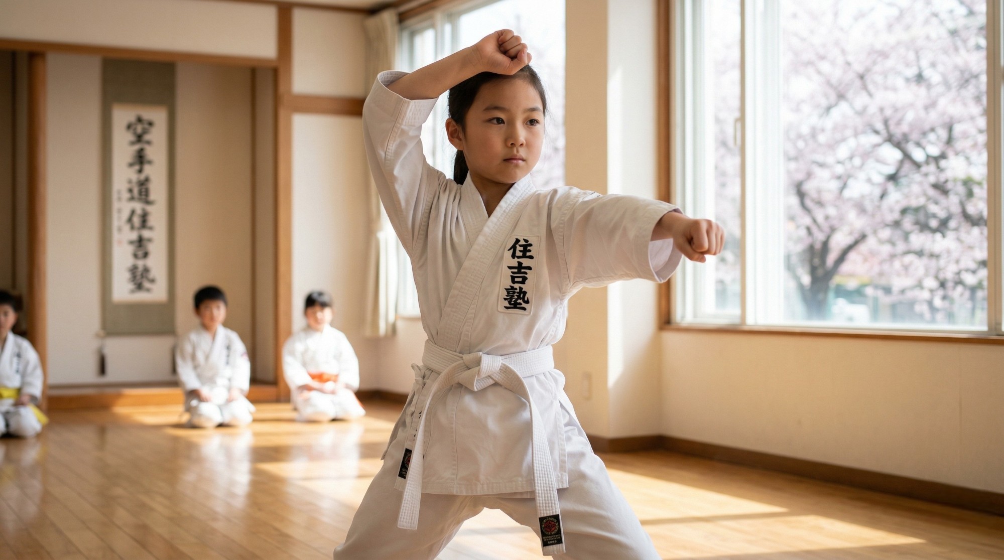 凛とした美しい姿勢で型稽古をする小学生女子（札幌・空手道住吉塾）