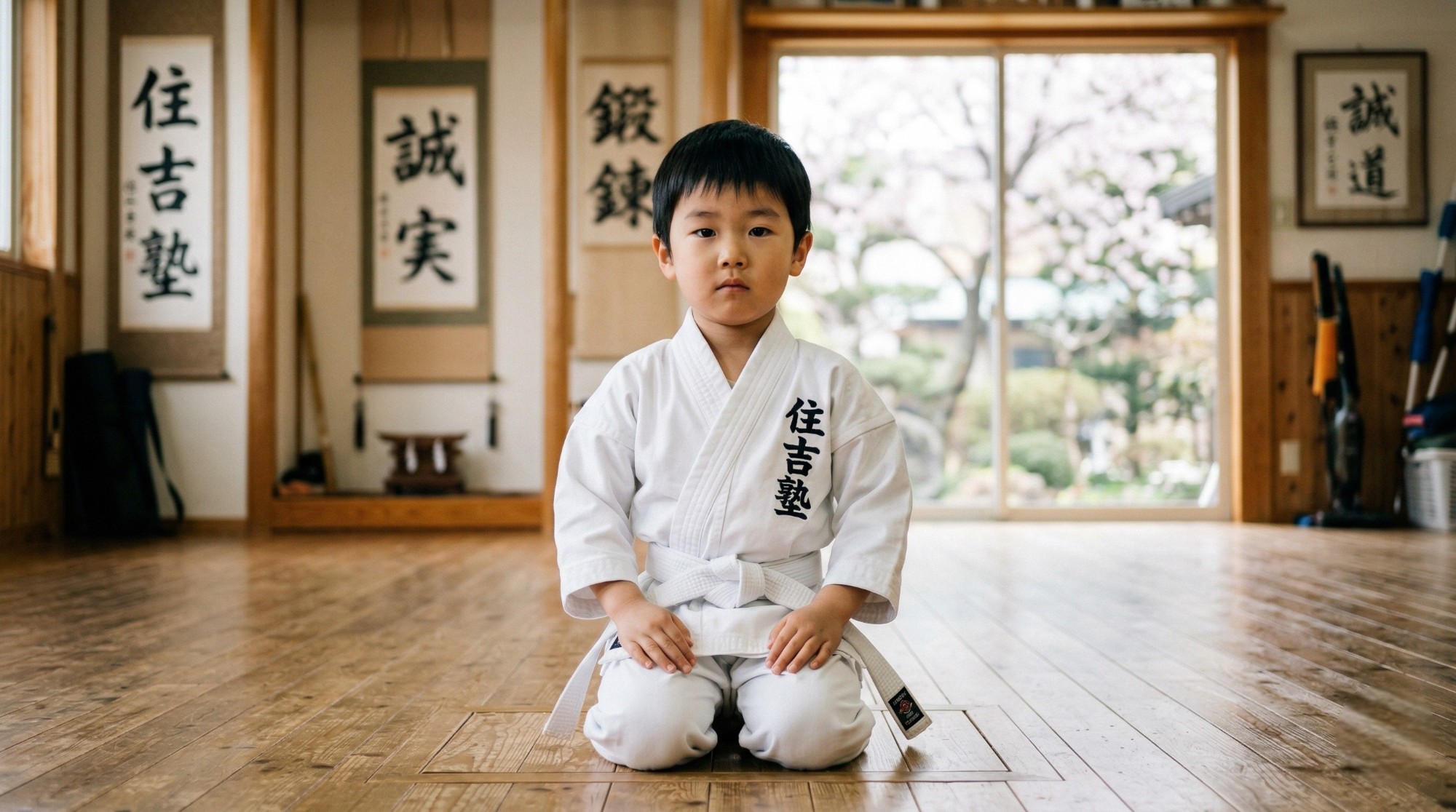 凛とした正座で真剣に前を見据える幼児（札幌・空手道住吉塾）