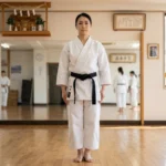 凛とした美しい姿勢で立つ大人の女性空手家（札幌・空手道住吉塾）