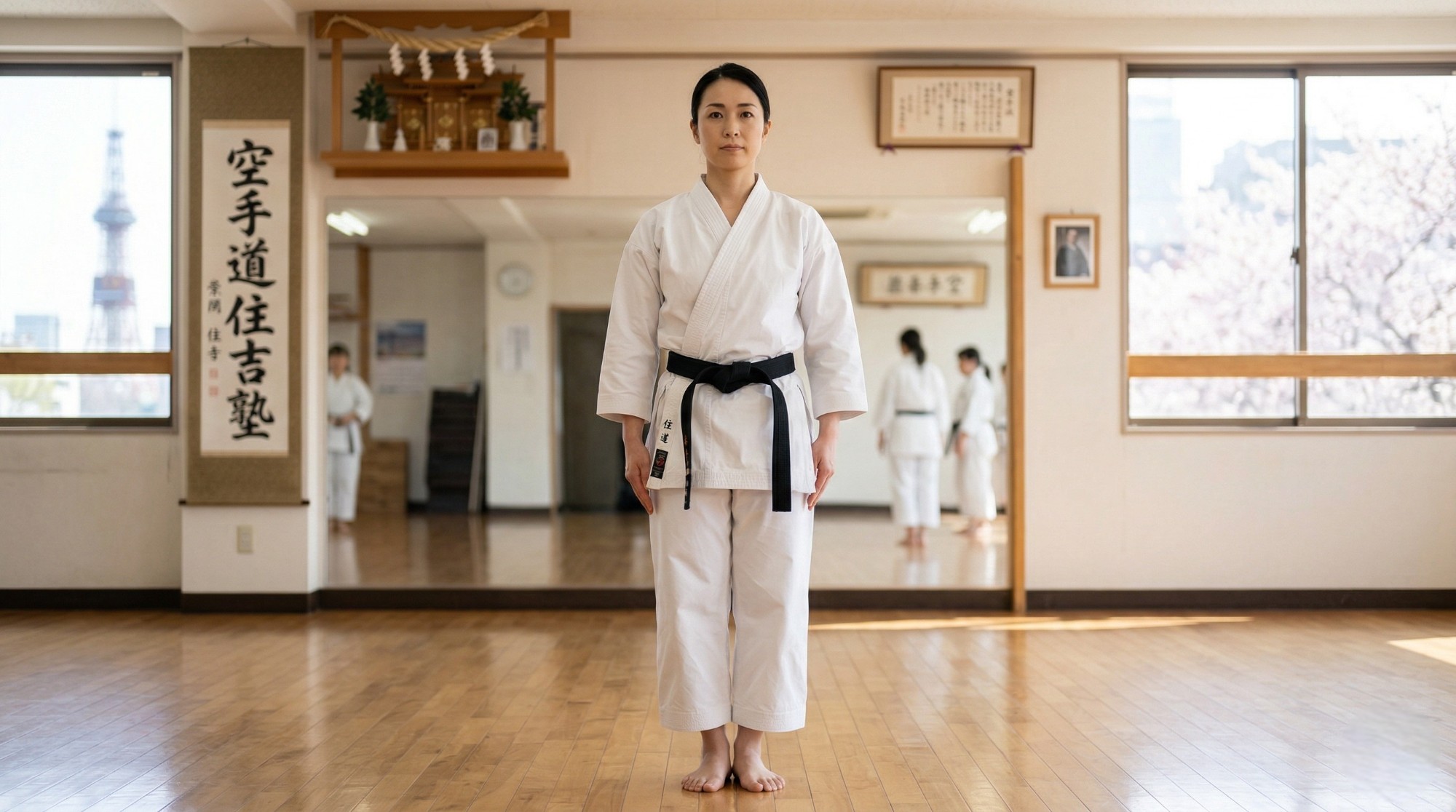 凛とした美しい姿勢で立つ大人の女性空手家（札幌・空手道住吉塾）