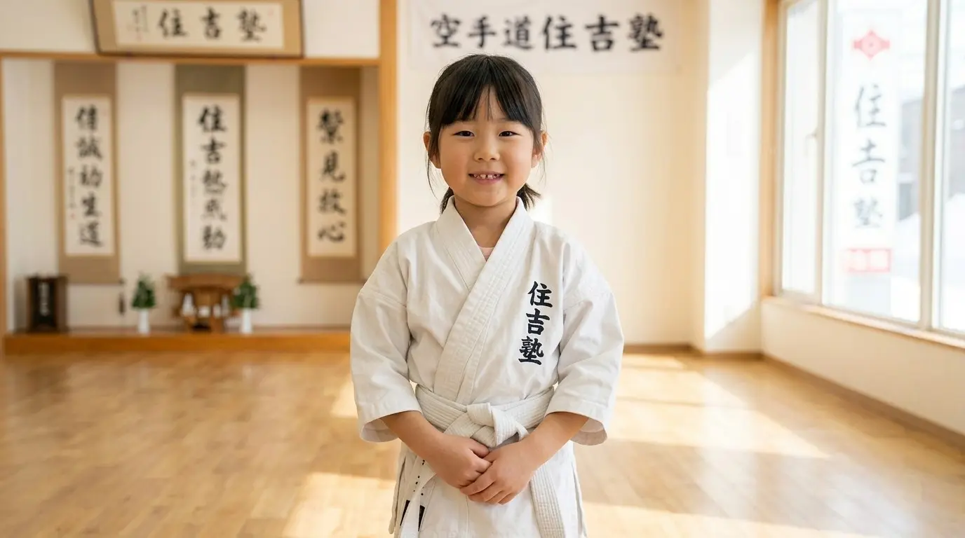 真新しい道着を着て笑顔で立つ小学生の女の子（札幌・空手道住吉塾）