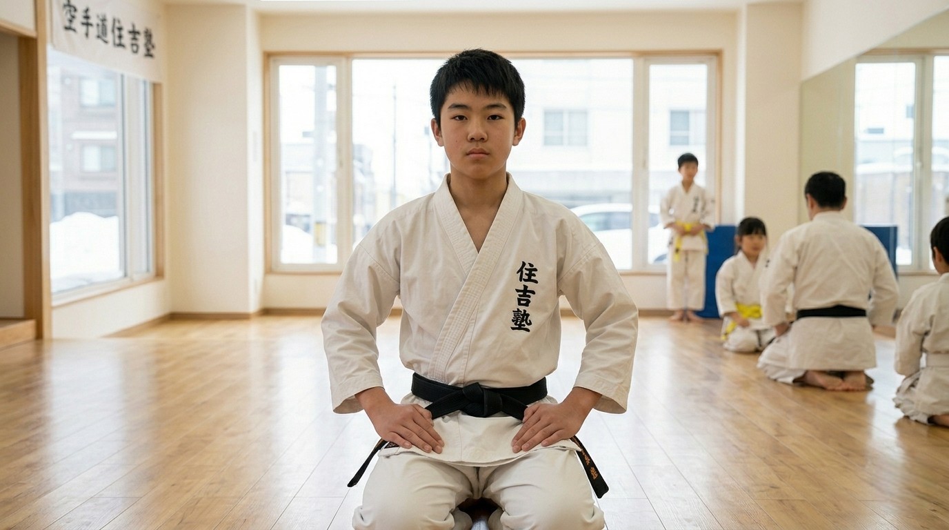 道着姿で凛々しく正座をし、真剣な眼差しで前を見据える中学生（札幌・空手道住吉塾）