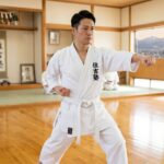 大人になってから白帯で空手を始め、充実した表情で稽古をする初心者　札幌の空手教室　　　　　　　空手道住吉塾