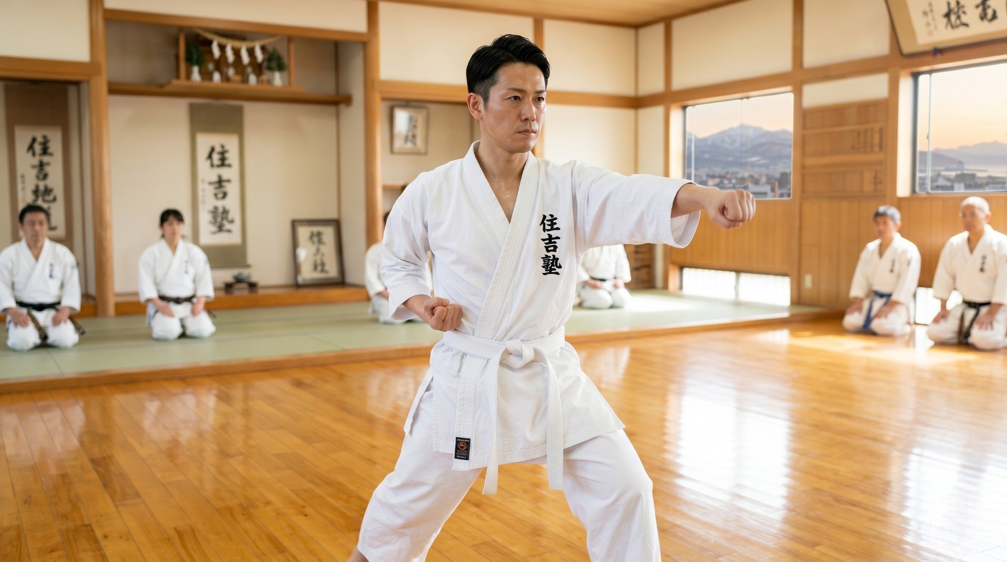 大人になってから白帯で空手を始め、充実した表情で稽古をする初心者　札幌の空手教室　　　　　　　空手道住吉塾