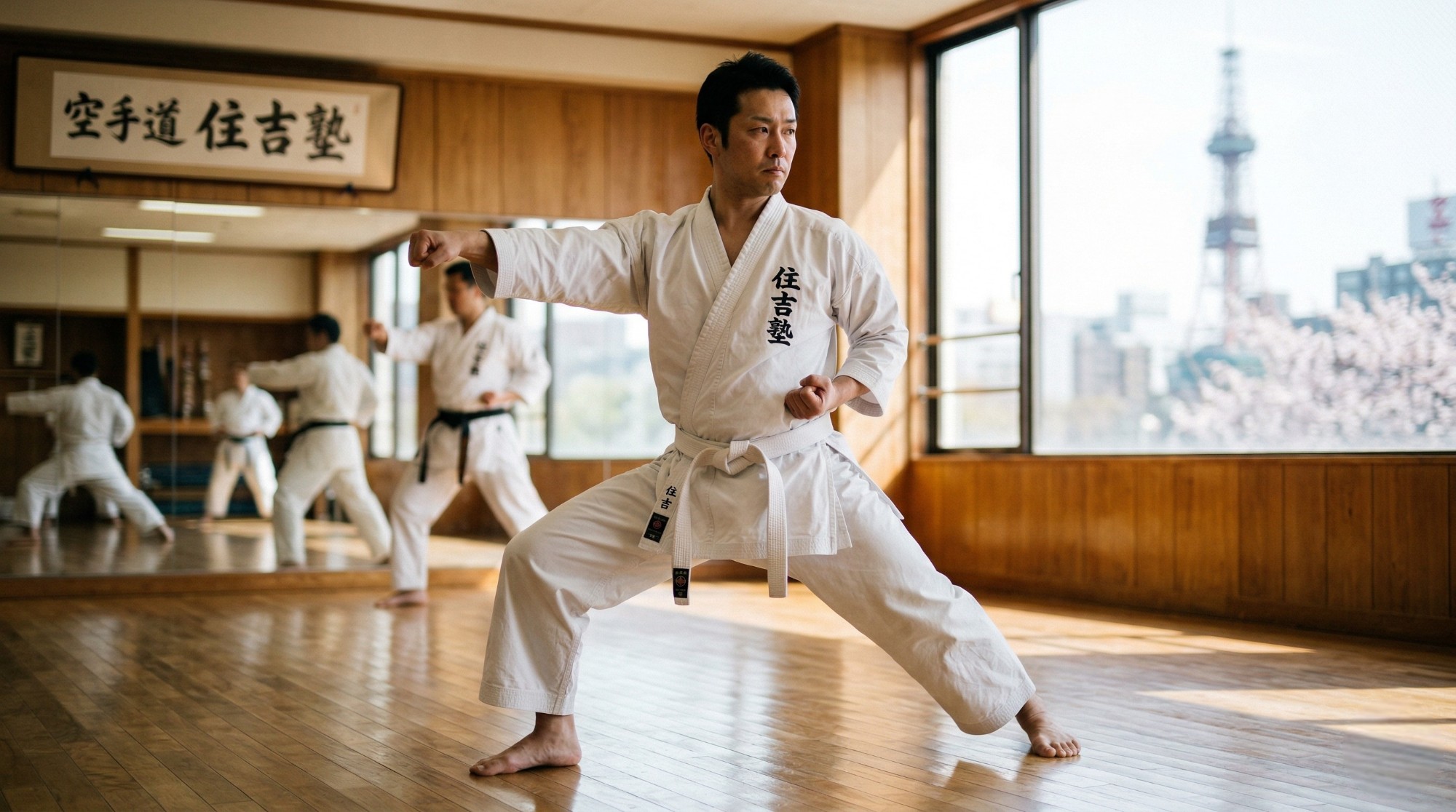 仕事帰りのストレス解消に空手の稽古で笑顔を見せる社会人男女(札幌・空手道住吉塾)