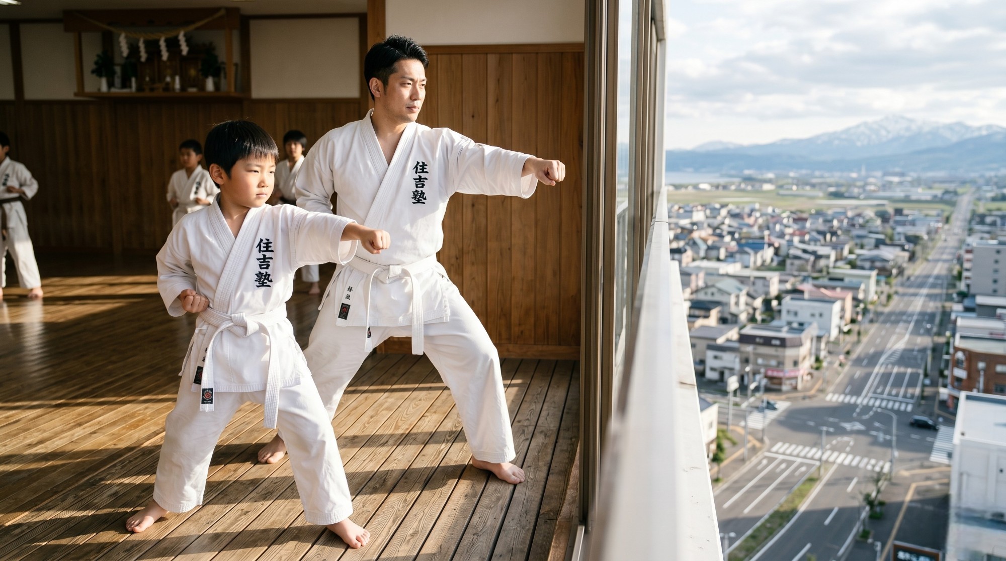 麻生の五差路や石狩方面の景色を背景に小学生と社会人が凛々しく型を披露する空手教室（札幌市北区・石狩市・空手道住吉塾）