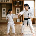お揃いの真っ白な道着を着て、笑顔で楽しく稽古をするお母さんと娘（札幌・空手道住吉塾）