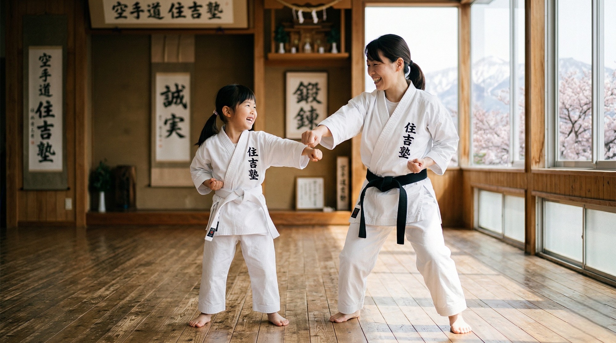 お揃いの真っ白な道着を着て、笑顔で楽しく稽古をするお母さんと娘（札幌・空手道住吉塾）