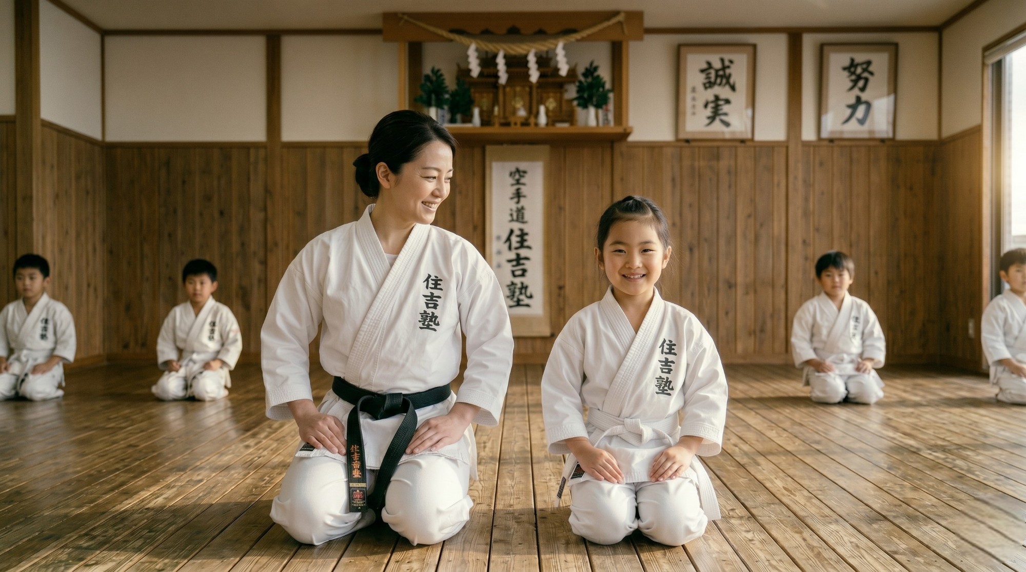 正面神棚の前で正座する母親と娘の親子空手教室（札幌市手稲区・空手道住吉塾）