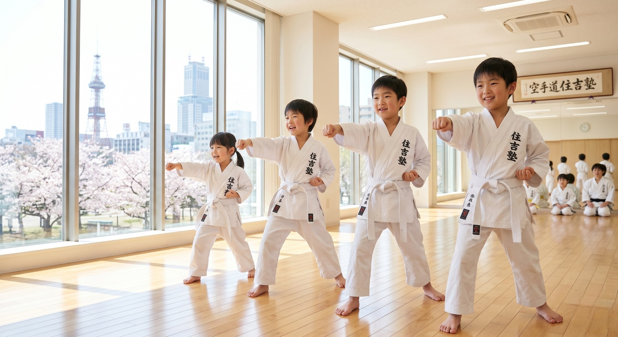 札幌市西区の街並みを背景に元気よく空手の型をする幼児・小学生（琴似・発寒・円山・桑園　空手道住吉塾）