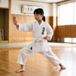 札幌の空手教室（住吉塾）で真剣に型を稽古する小・中学生の女の子。怪我のリスクを抑えた安全な指導。