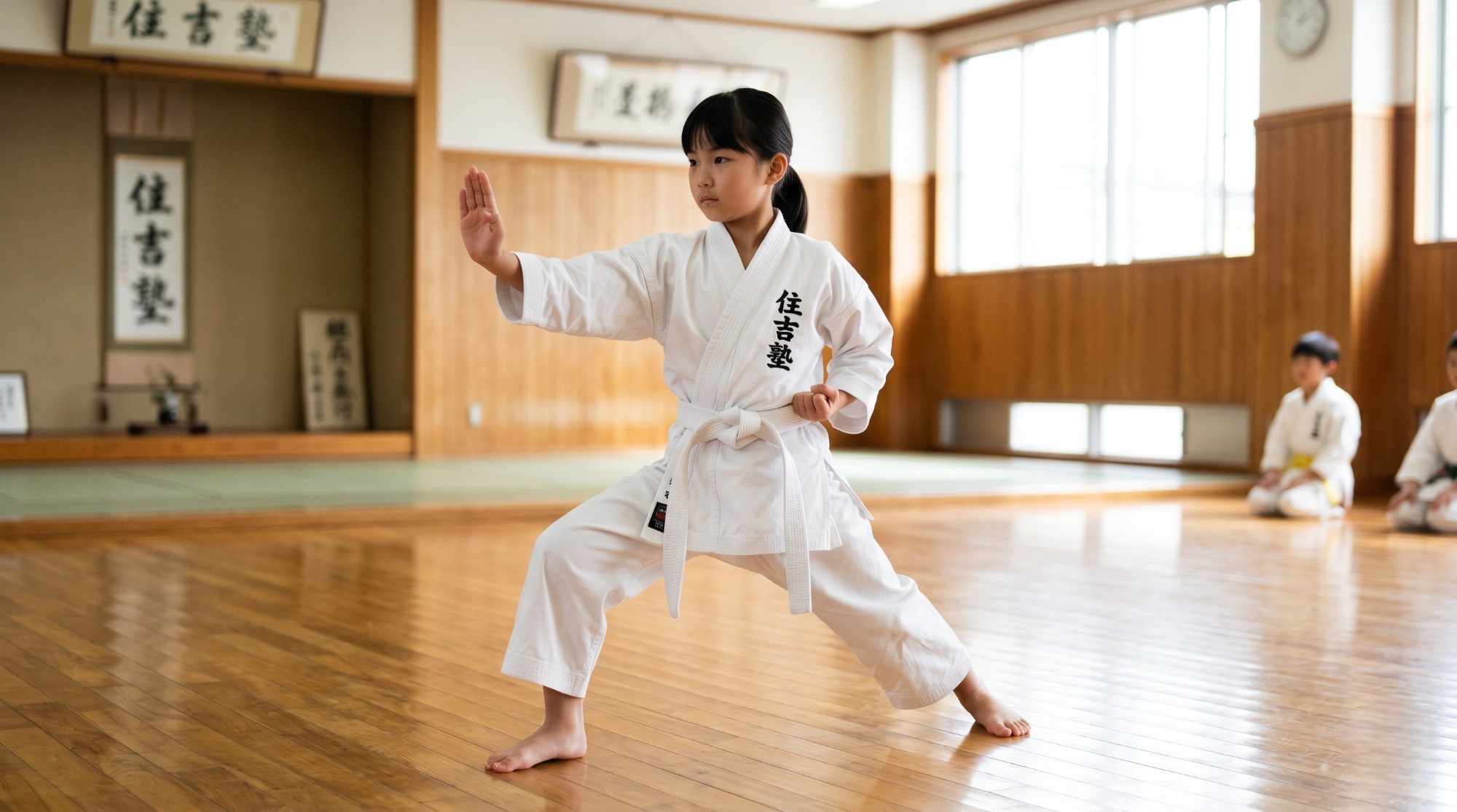 札幌の空手教室（住吉塾）で真剣に型を稽古する小・中学生の女の子。怪我のリスクを抑えた安全な指導。
