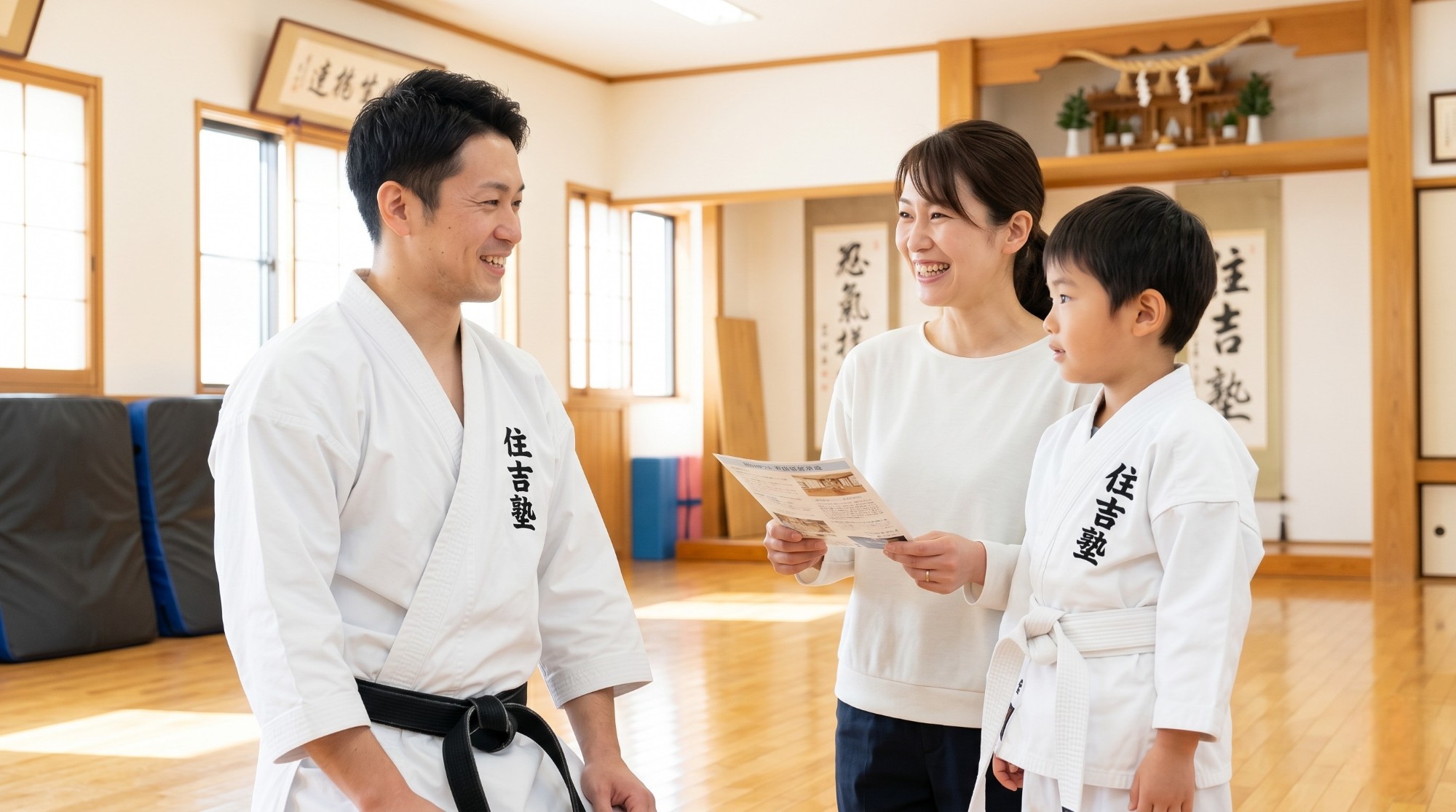 明朗会計で家計に優しい！札幌の空手道場（住吉塾）で笑顔で説明を聞く親子
