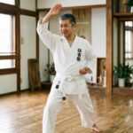 メタボ解消や健康維持のために、笑顔で空手の稽古に励む50代の男性初心者（札幌の空手教室・住吉塾）