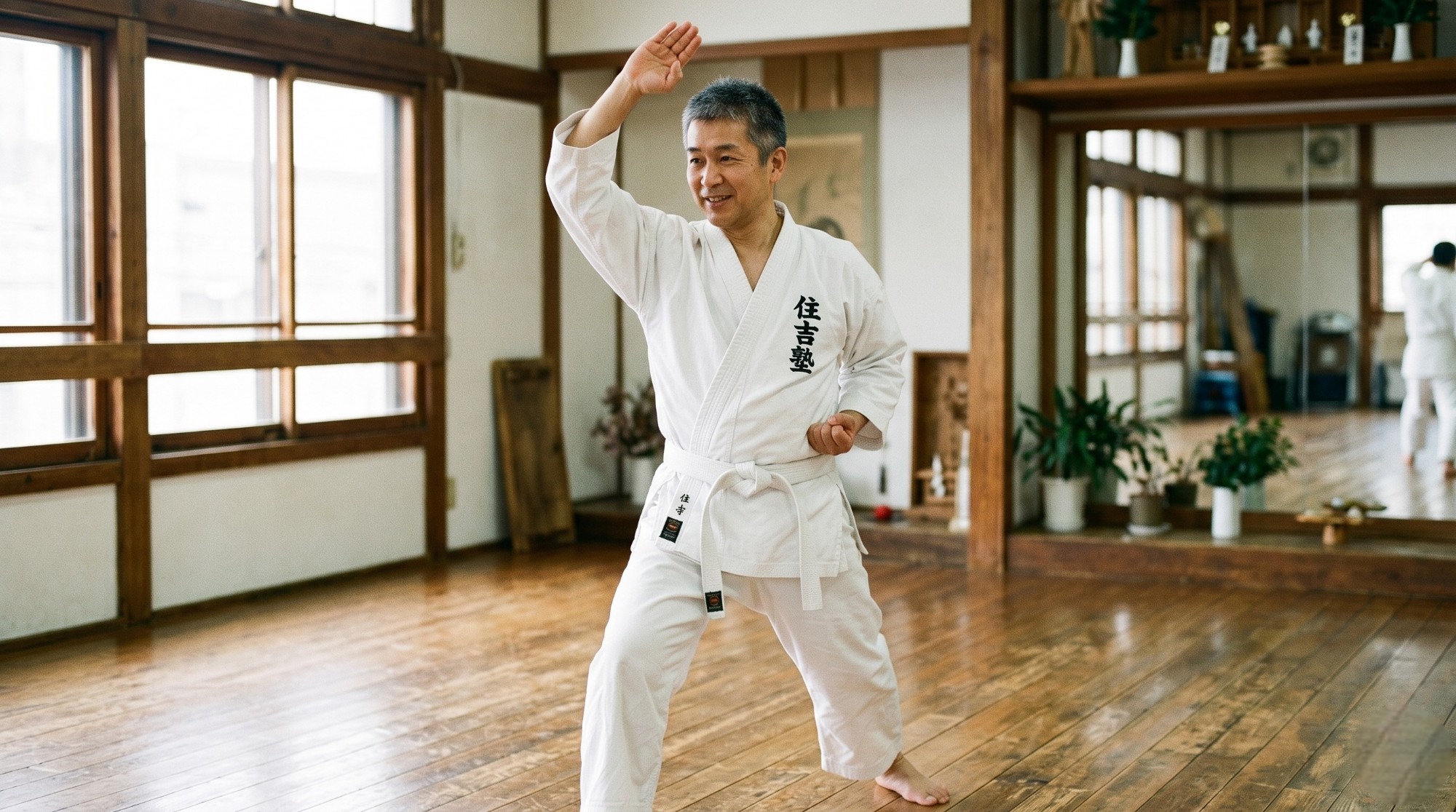 メタボ解消や健康維持のために、笑顔で空手の稽古に励む50代の男性初心者（札幌の空手教室・住吉塾）