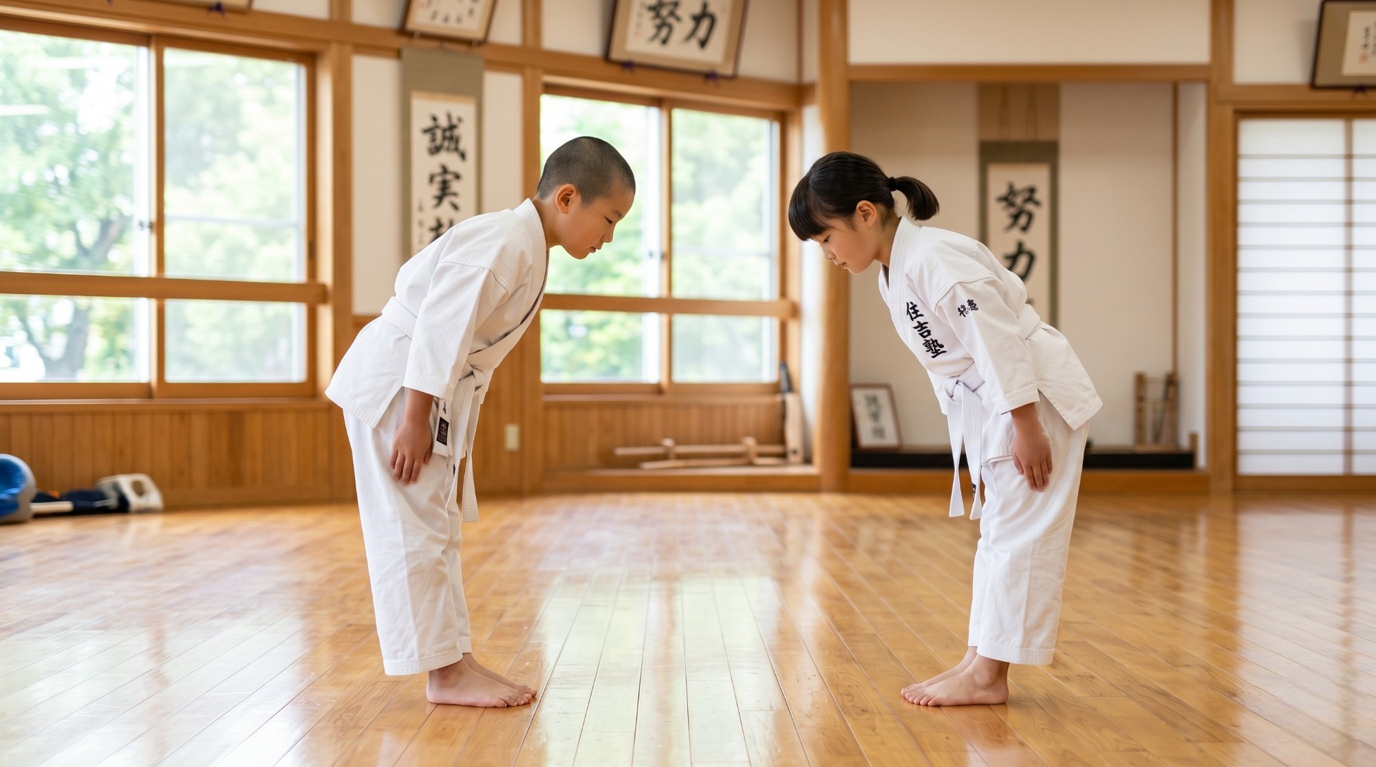 礼儀作法を大切にする札幌の空手教室（住吉塾）。向かい合って美しいお辞儀（礼）をする子供たち。