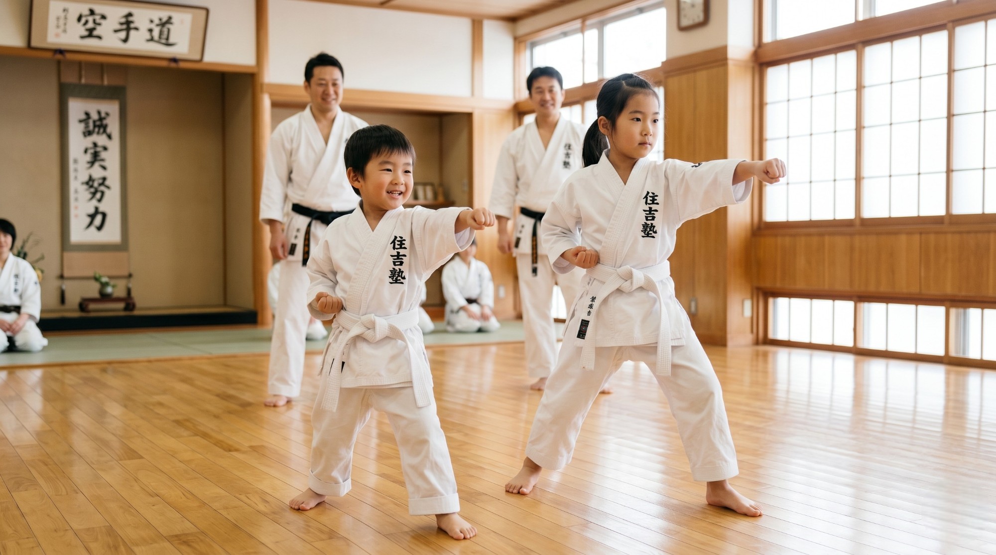 何歳から始める？札幌の空手道場（住吉塾）で一緒に稽古をする幼児と小学生の初心者たち