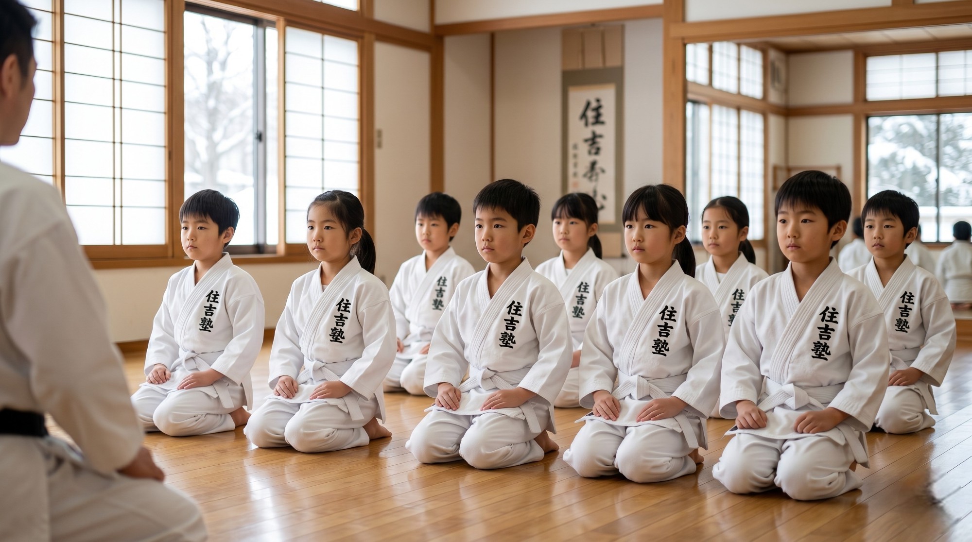 礼儀作法が身につく札幌の空手教室(住吉塾)。背筋を伸ばして正座する子供たち。